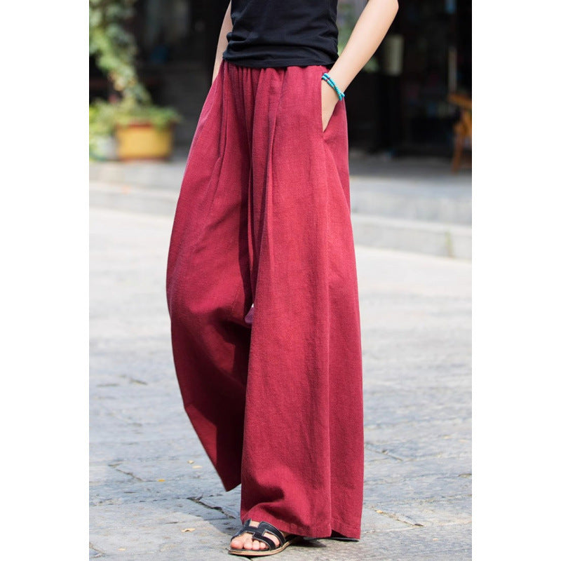 Women’s Wide-Leg Pants – Relaxed Fit – Linen-Look Fabric – Elastic Waist – Full Length