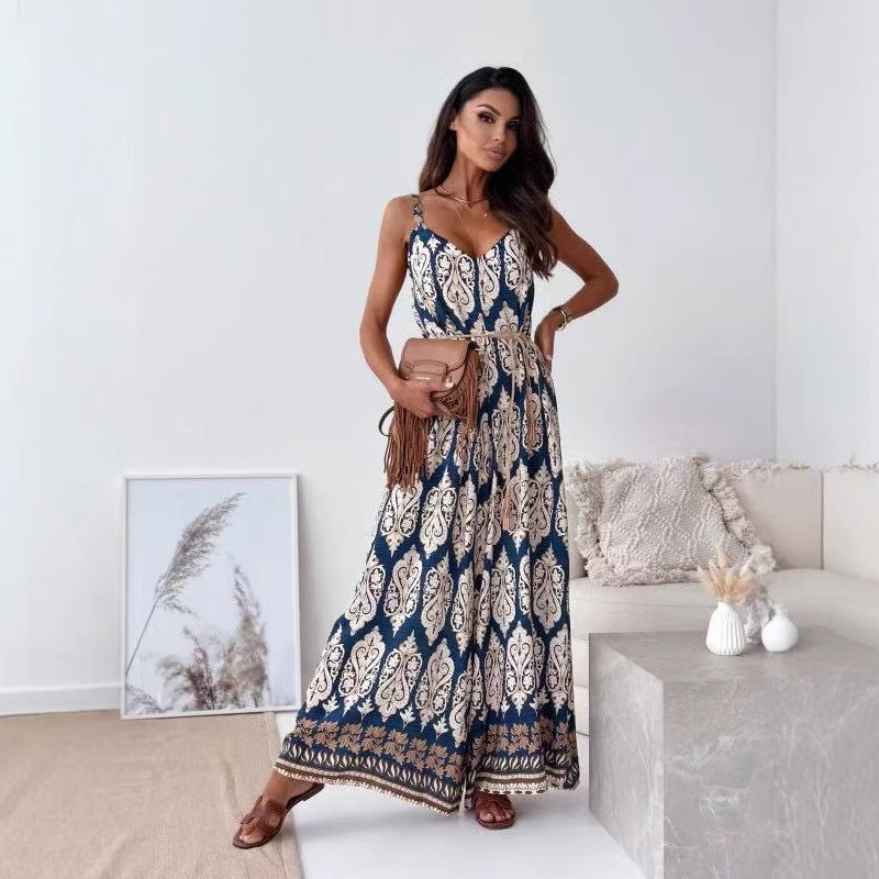 Women’s Jumpsuit – Wide Leg – V-Neck – Spaghetti Straps – Belted Waist – Bold Print