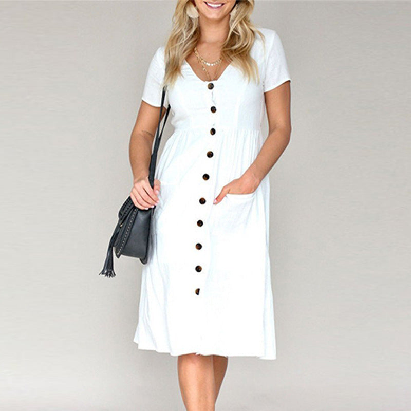 Women’s A-Line Dress – Button Front – Short Sleeve – Breathable Blend – Midi Length