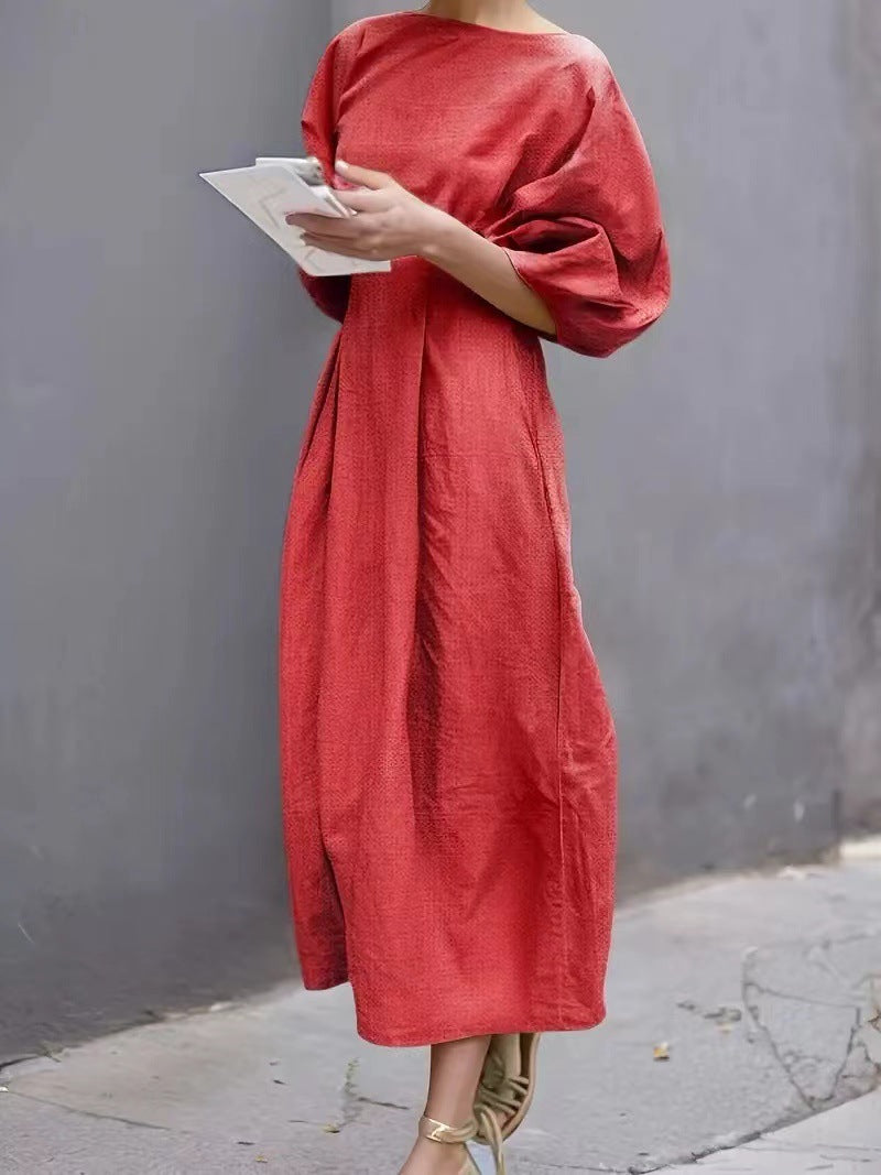 Women’s Long Dress – Puff Sleeve – Loose Fit – Round Neck – Lightweight Casual Wear