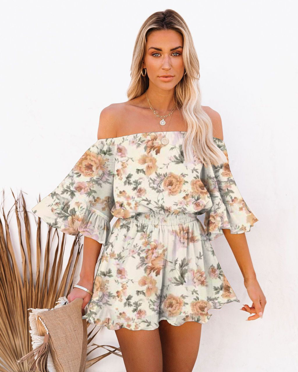 Women's Off-Shoulder Romper - Flowy Sleeves - Elastic Waist - Lightweight Casual Wear