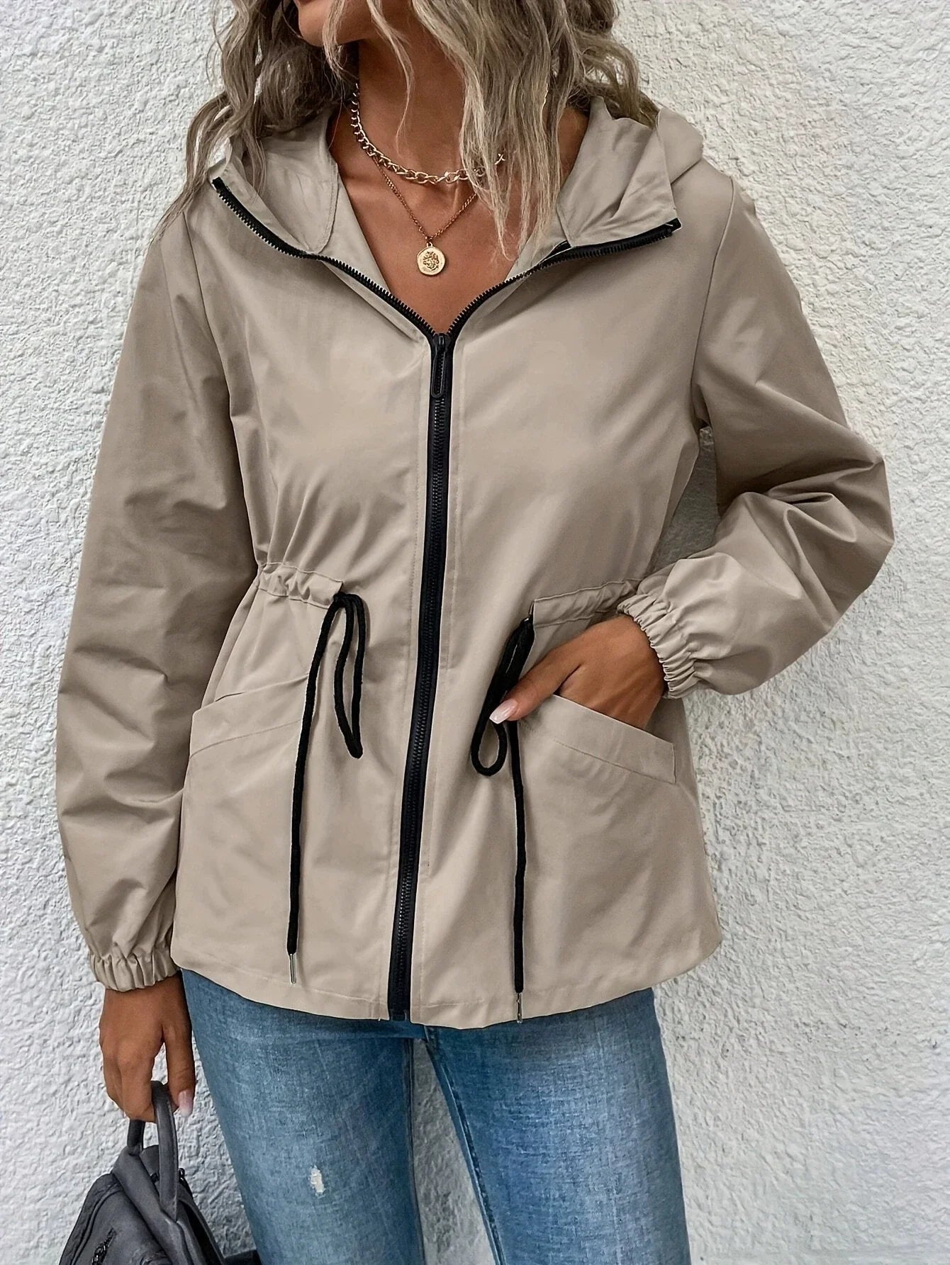 Women’s Outdoor Jacket – Waterproof Shell – Hooded – Adjustable Waist