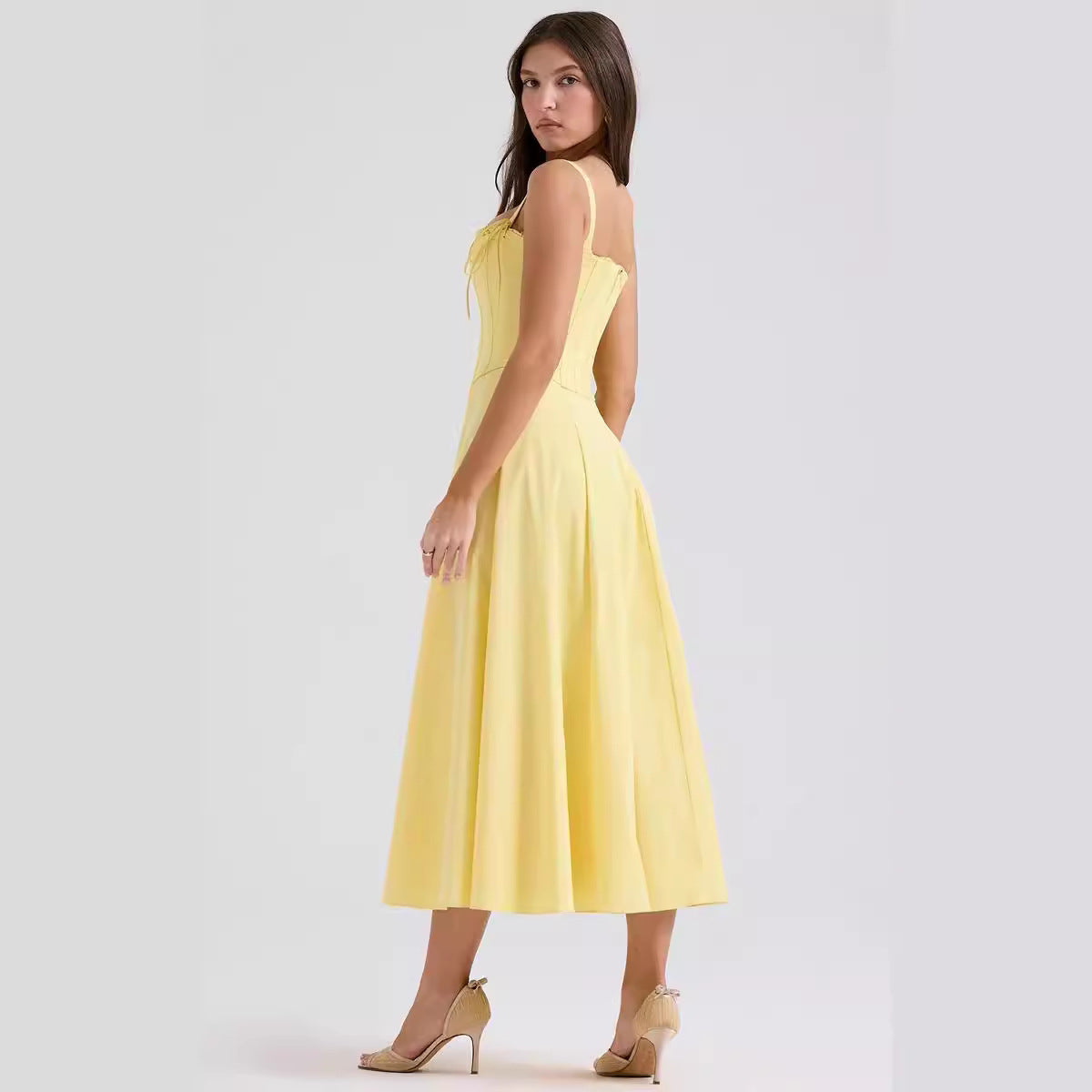 Women’s Midi Dress – Corset Bodice – A-Line Silhouette – Spaghetti Straps Elegant Fit