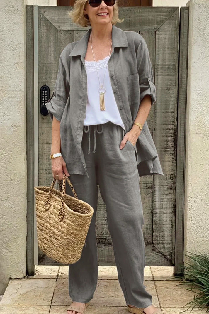 Women’s Shirt – Relaxed Fit – Linen – Button Front – Rolled Sleeve Casual Style