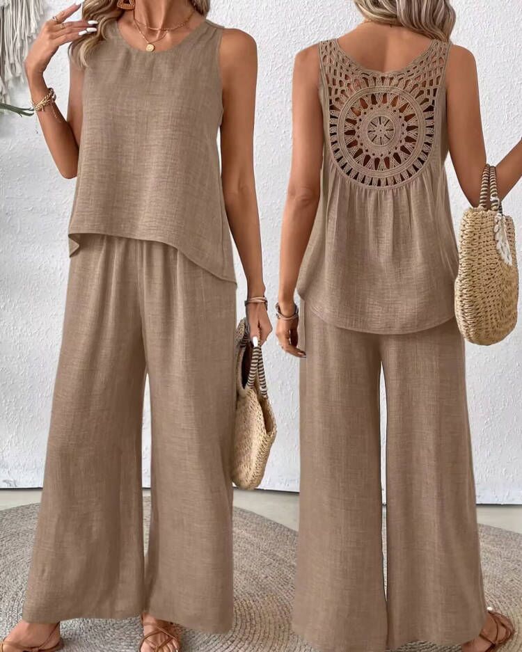 Women’s Two-Piece Set – Linen Blend – Sleeveless Crochet Top – High Waist Wide-Leg Trousers
