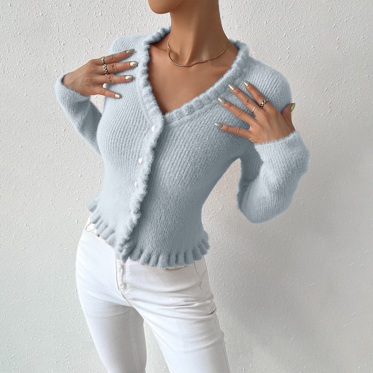 Women’s V-Neck Cardigan – Slim Fit Knit – Pearl Buttons – Ruffle Trim – Waist Length