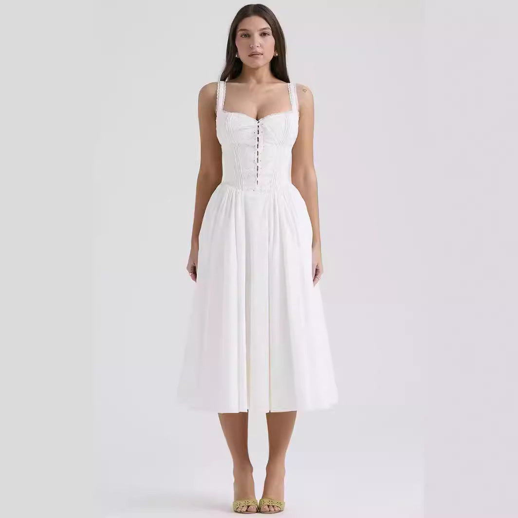 Women’s Midi Dress – Off-Shoulder – Fitted Bodice – Flowing Skirt – Lace Detail