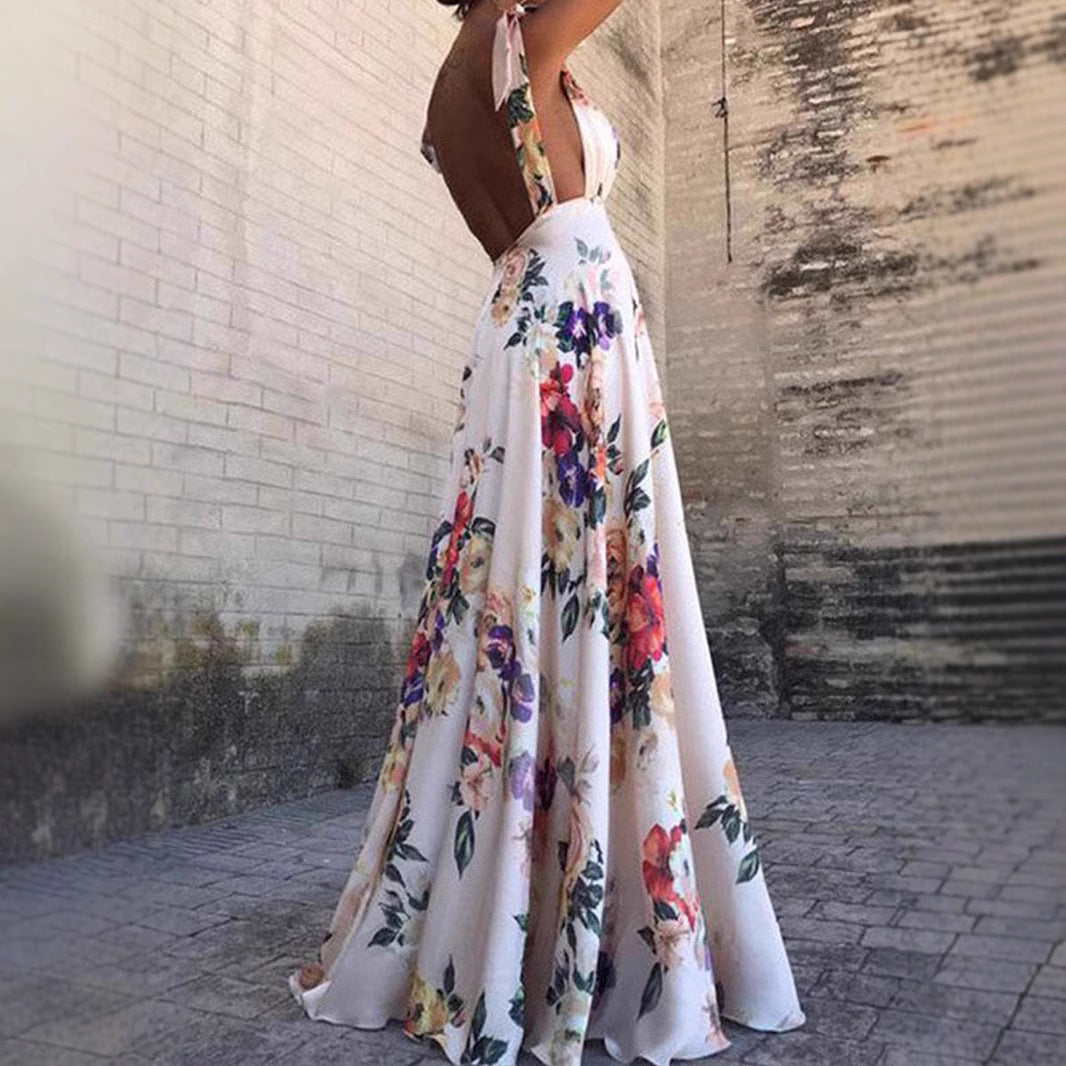 Women’s Maxi Dress – A-Line Fit – Floral Print – Spaghetti Straps – Backless Sleeveless