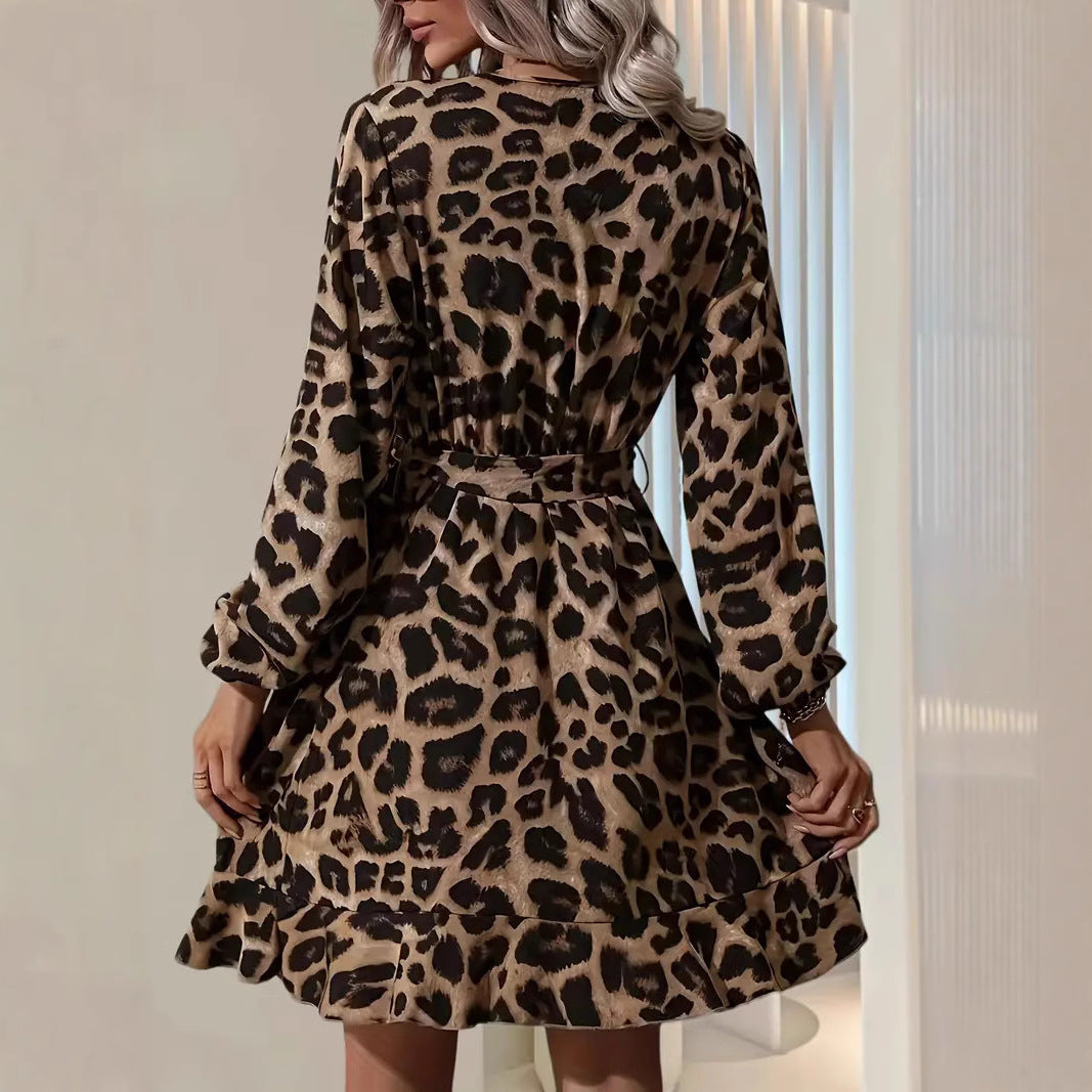 Women’s Wrap Midi Dress – Tailored Fit – V-Neck – Tie Waist – Balloon Sleeve – Leopard Print