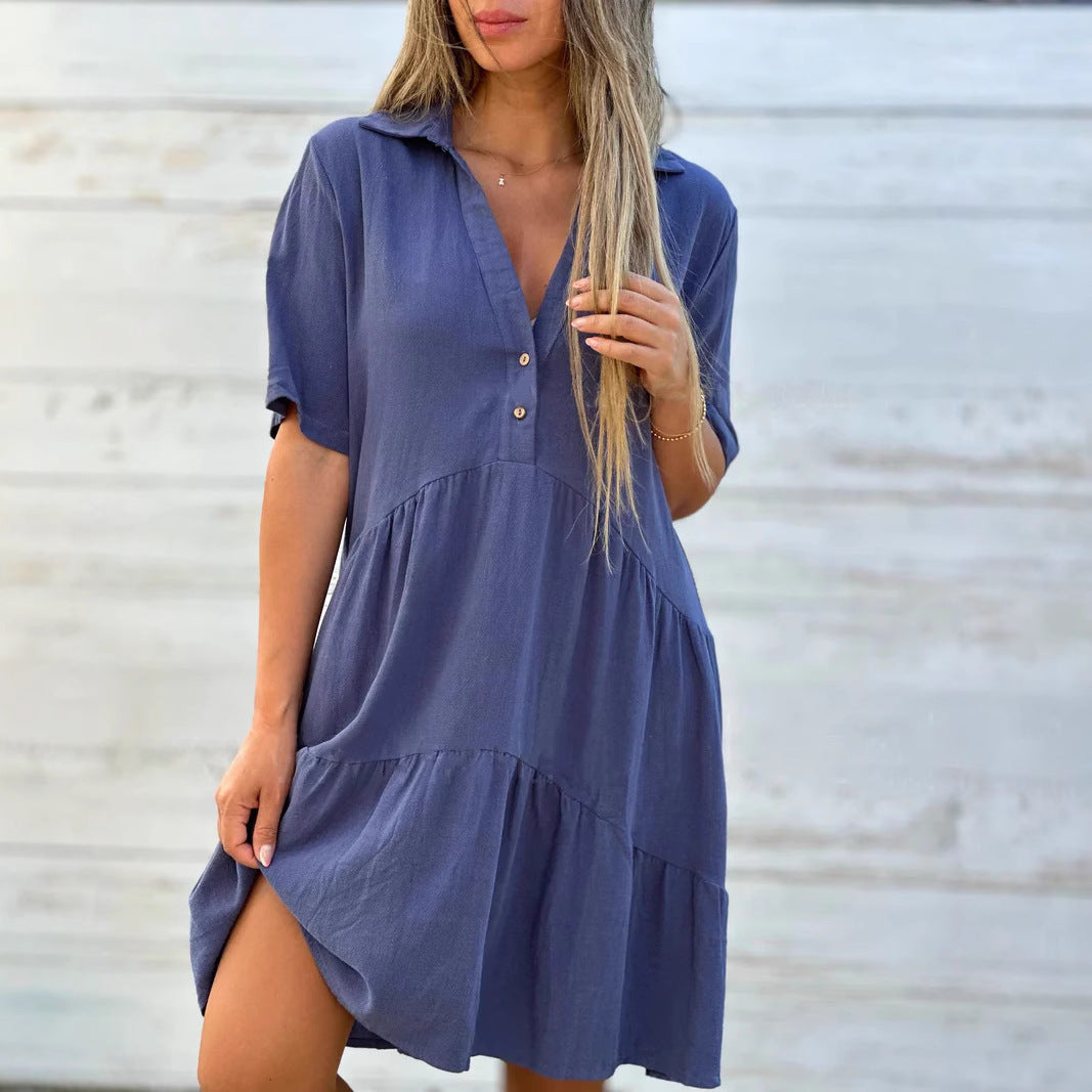 Women’s Swing Dress – Button-Up Front – Natural Fibers – V-Neck – Short Sleeve