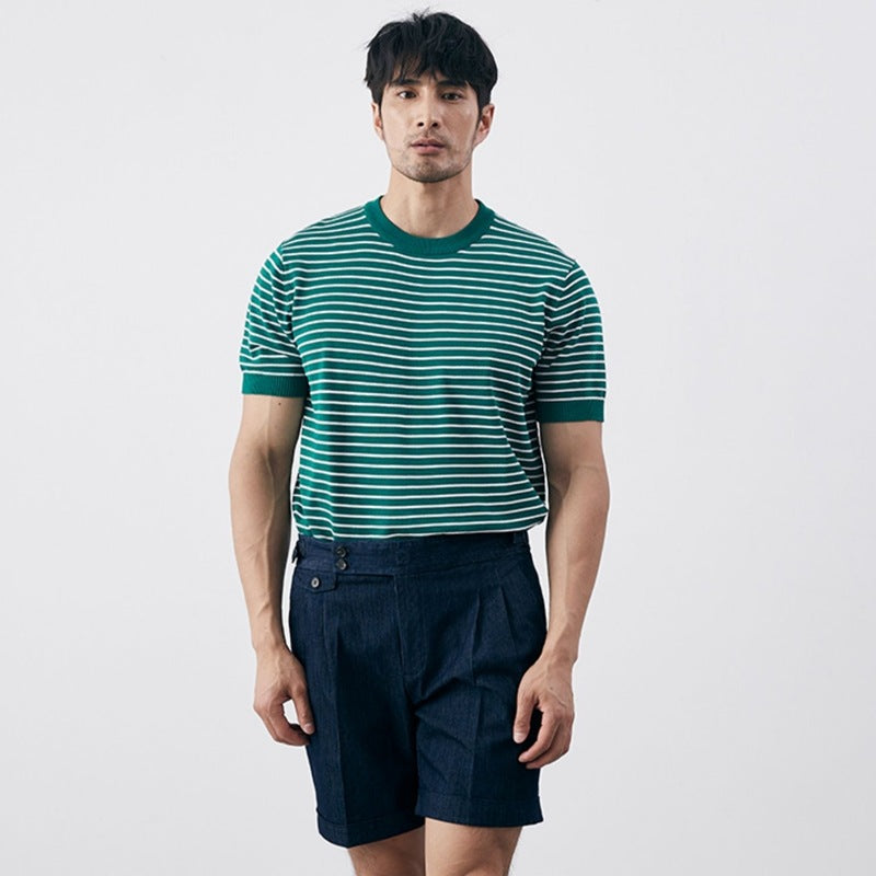 Men’s Knit T-Shirt – Slim Fit – Horizontal Stripe – Ribbed Cuffs – Cotton Blend