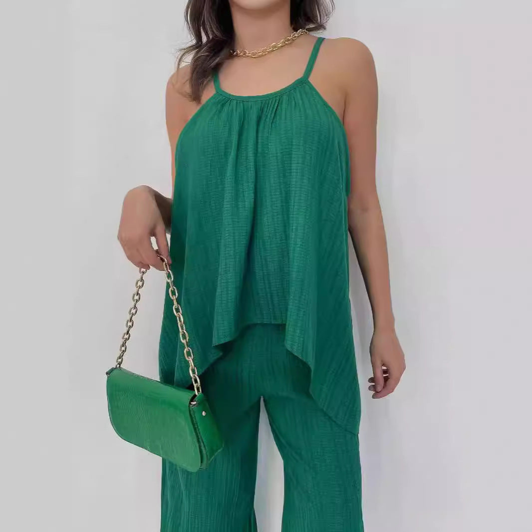 Women’s Halter Top and Wide Leg Pants Set – Asymmetric Drape – Relaxed Fit