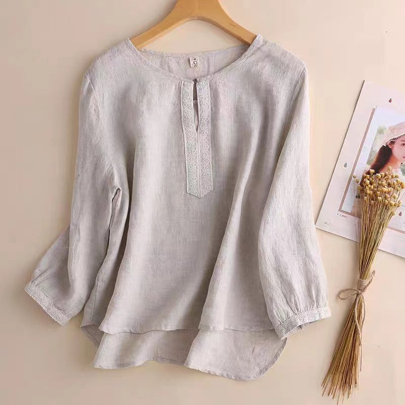 Women’s Short Sleeve Shirt – Relaxed Fit – Natural Fibers – Vintage Lace Detail