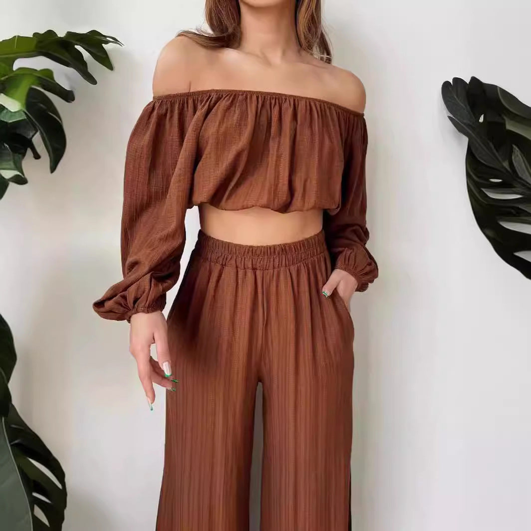 Women’s Two-Piece Set – Off-Shoulder Crop Top – Wide-Leg High-Waist Trousers – Lightweight Fabric