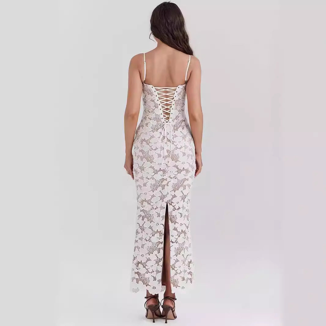 Women’s Slip Dress – Lace Fabric – Slim Fit – Sweetheart Neckline – Full Length Formal Wear