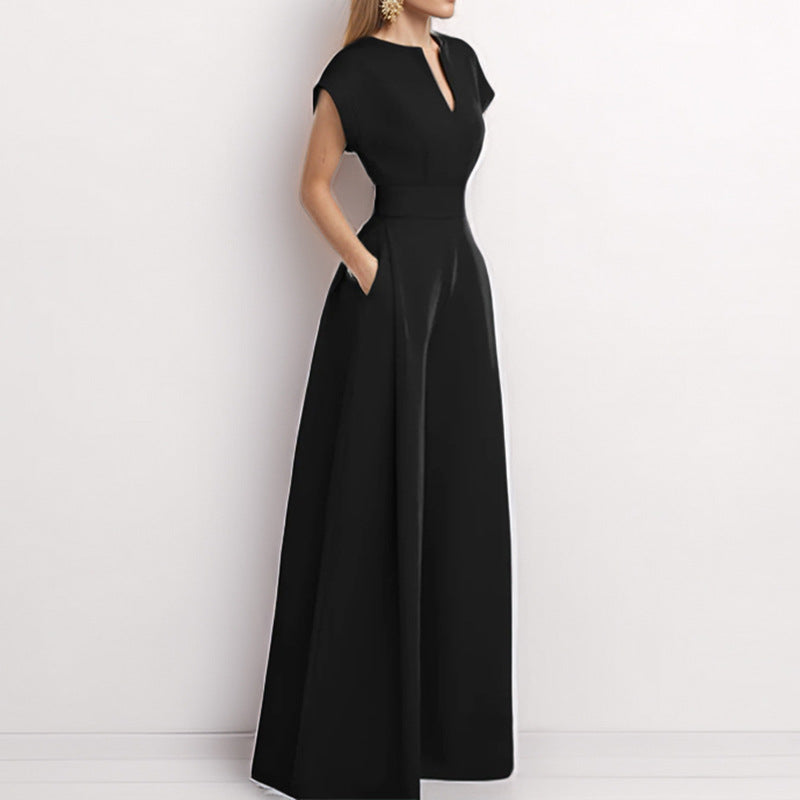 Women’s Jumpsuit – Lightweight Fabric – V-Neck – Short Sleeve – Wide Leg – Full Length