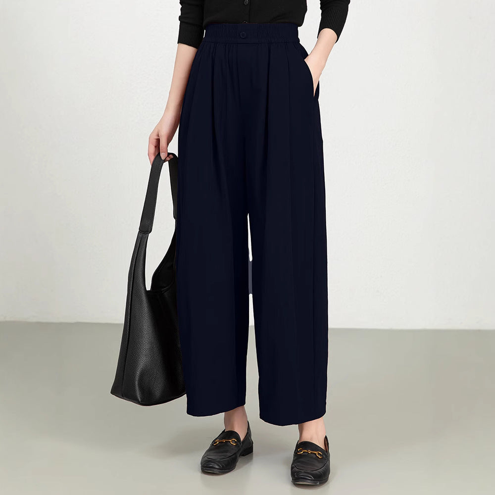Women’s Wide-Leg Trousers – High Rise – Elastic Waist – Lightweight Twill – Full Length