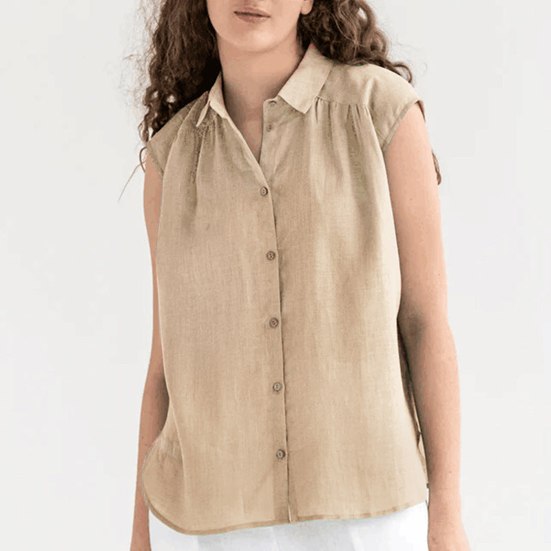 Women’s Sleeveless Blouse – Cotton Linen Blend – Relaxed Fit – Button Down Collar