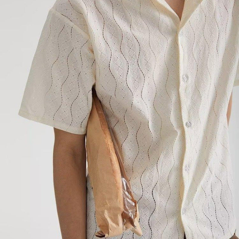 Men’s Short Sleeve Shirt – Cotton Blend – Oversized Fit – Cuban Collar – Lace Detail