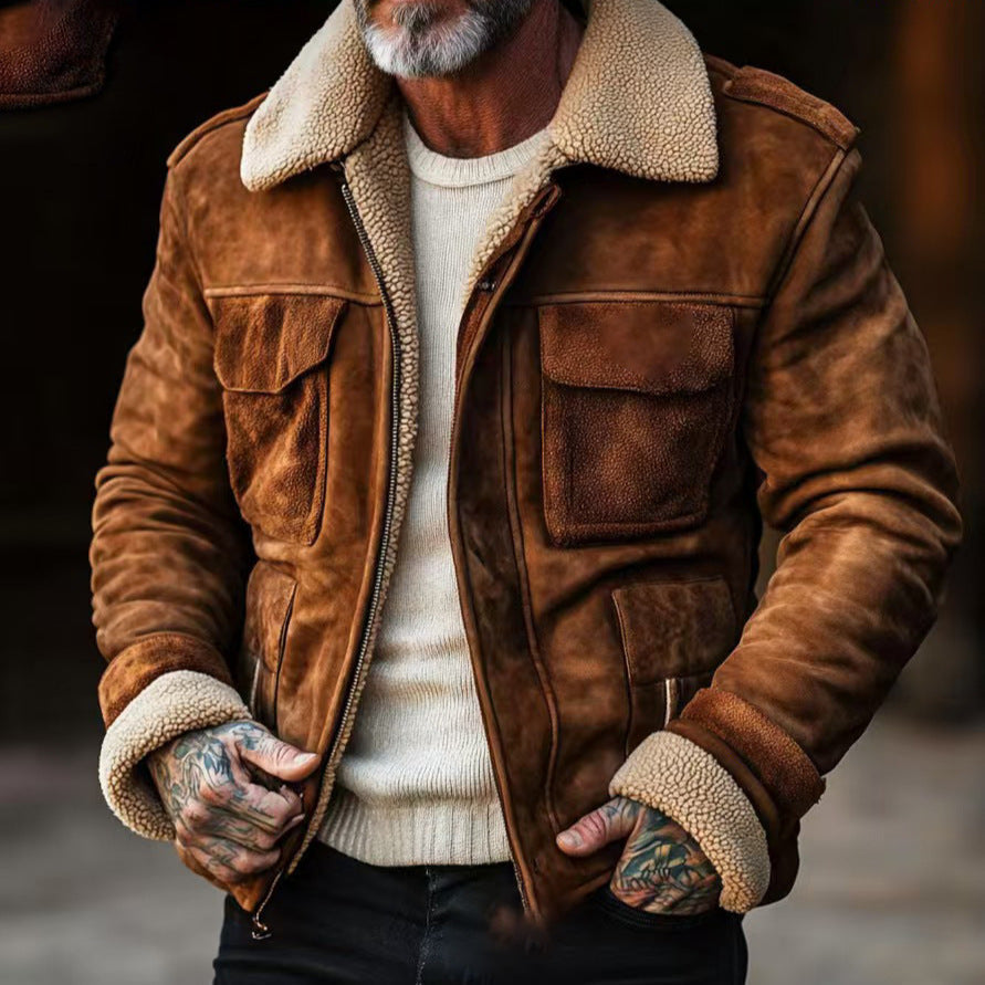 Men’s Shearling Jacket – Suede-Like Outer – Structured Fit – Zip Front – Flap Pockets