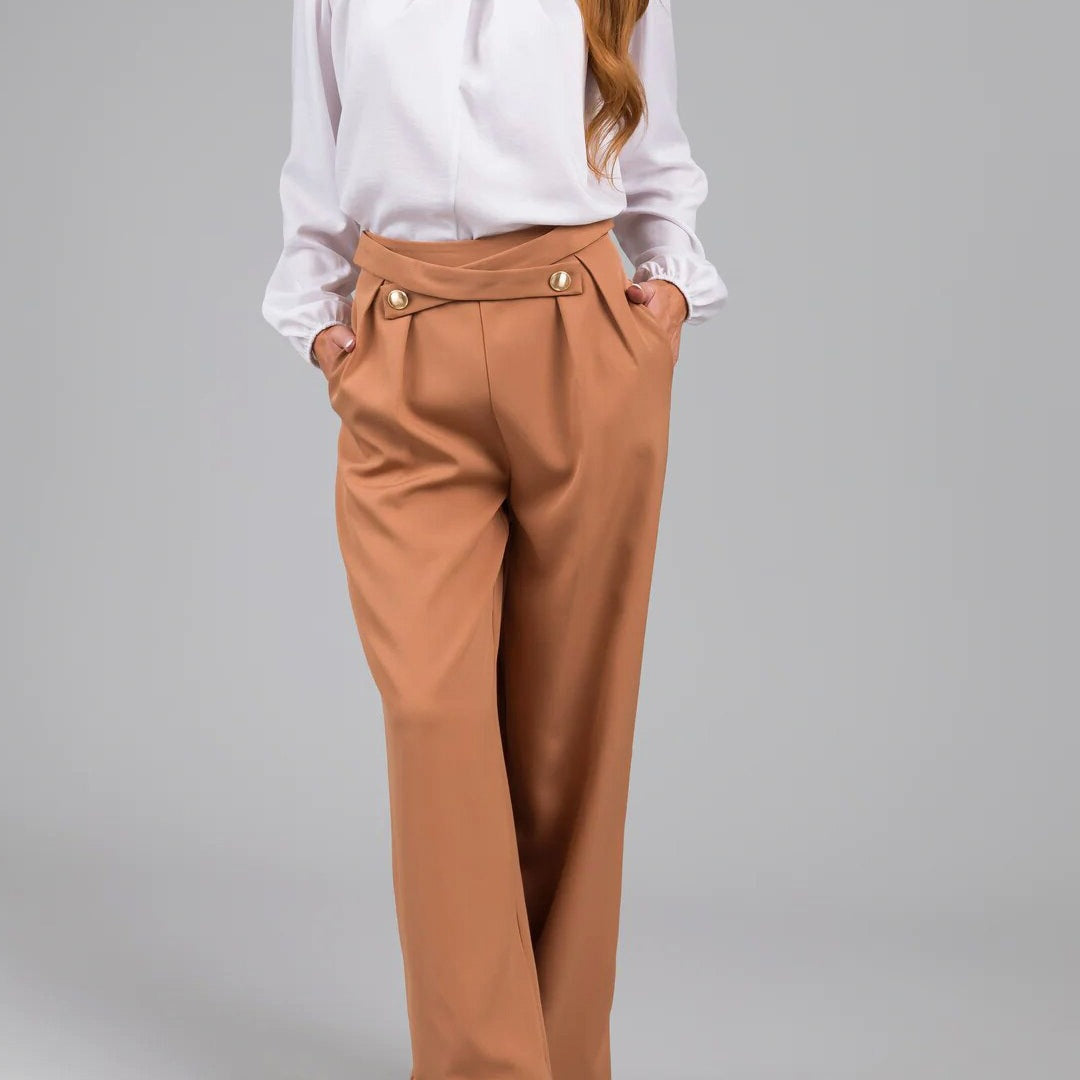 Women’s Wide-Leg Trousers – High Waist – Asymmetric Waistband – Full Length Relaxed Fit