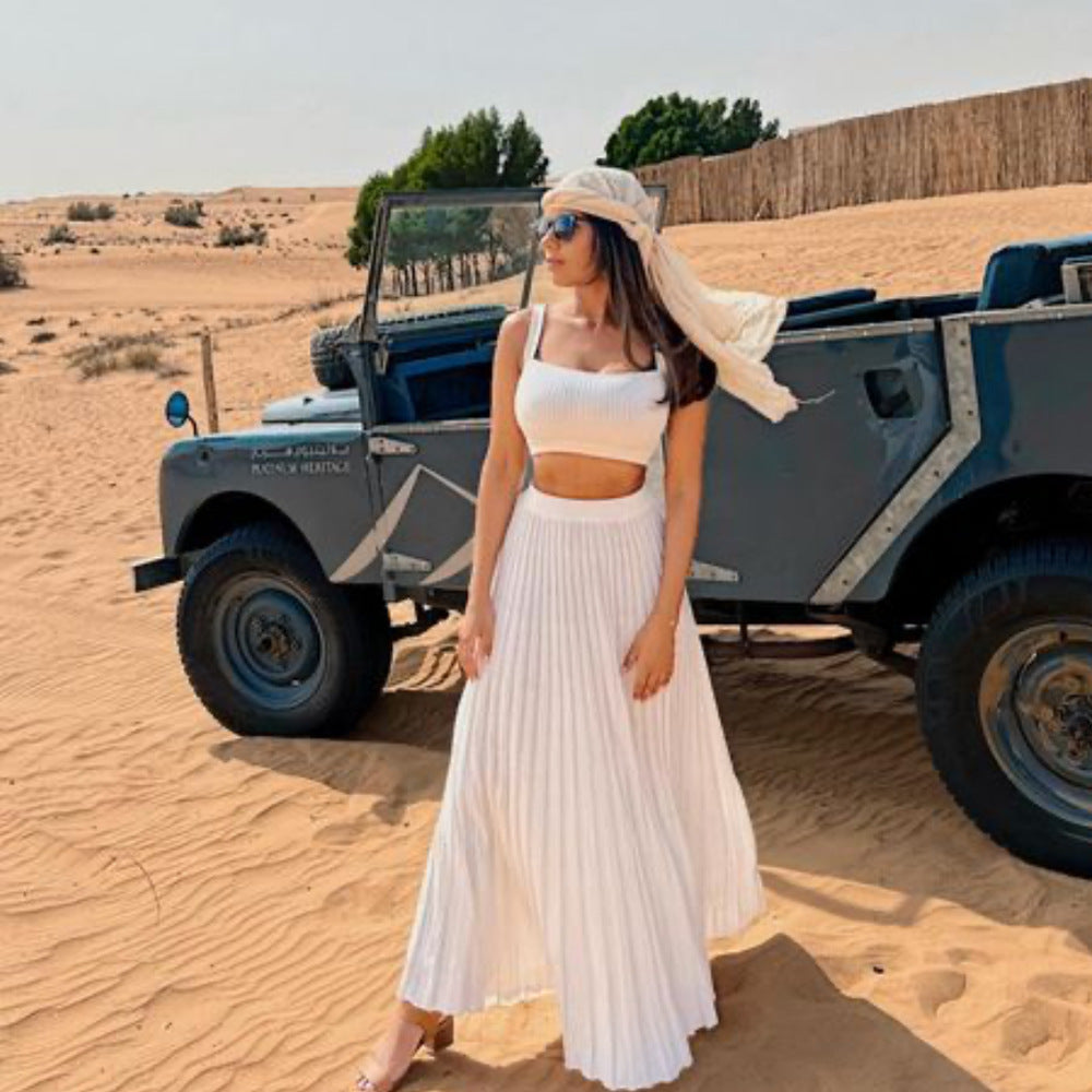 Women’s Knit Tank Top Set – Slim Fit Crop Top – Square Neck – Pleated Maxi Skirt