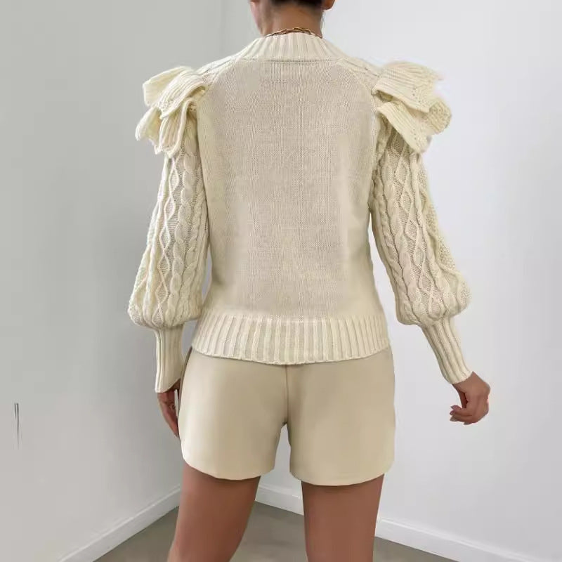 Women’s Knit Sweater – Cropped Fit – Cable Knit – Ruffle Shoulder – Long Sleeve