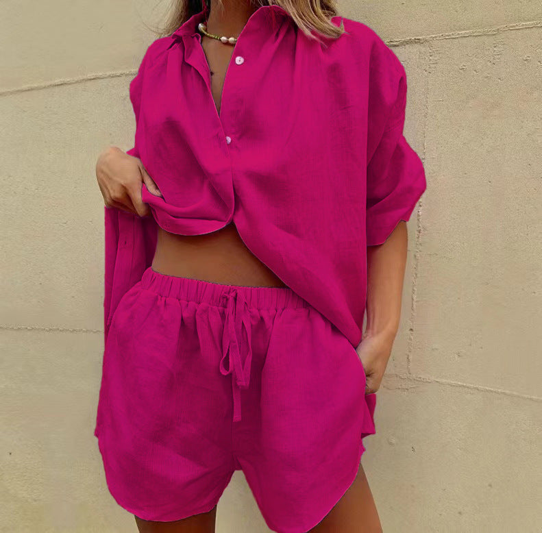 Women’s Two-Piece Set – Lightweight Linen Blend – Relaxed Fit Shirt and Drawstring Shorts