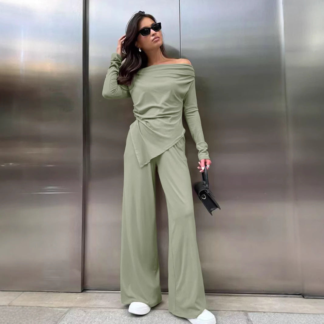 Women’s Knit Set – Off-Shoulder Slim Top – Asymmetrical Hem – Wide-Leg Trousers