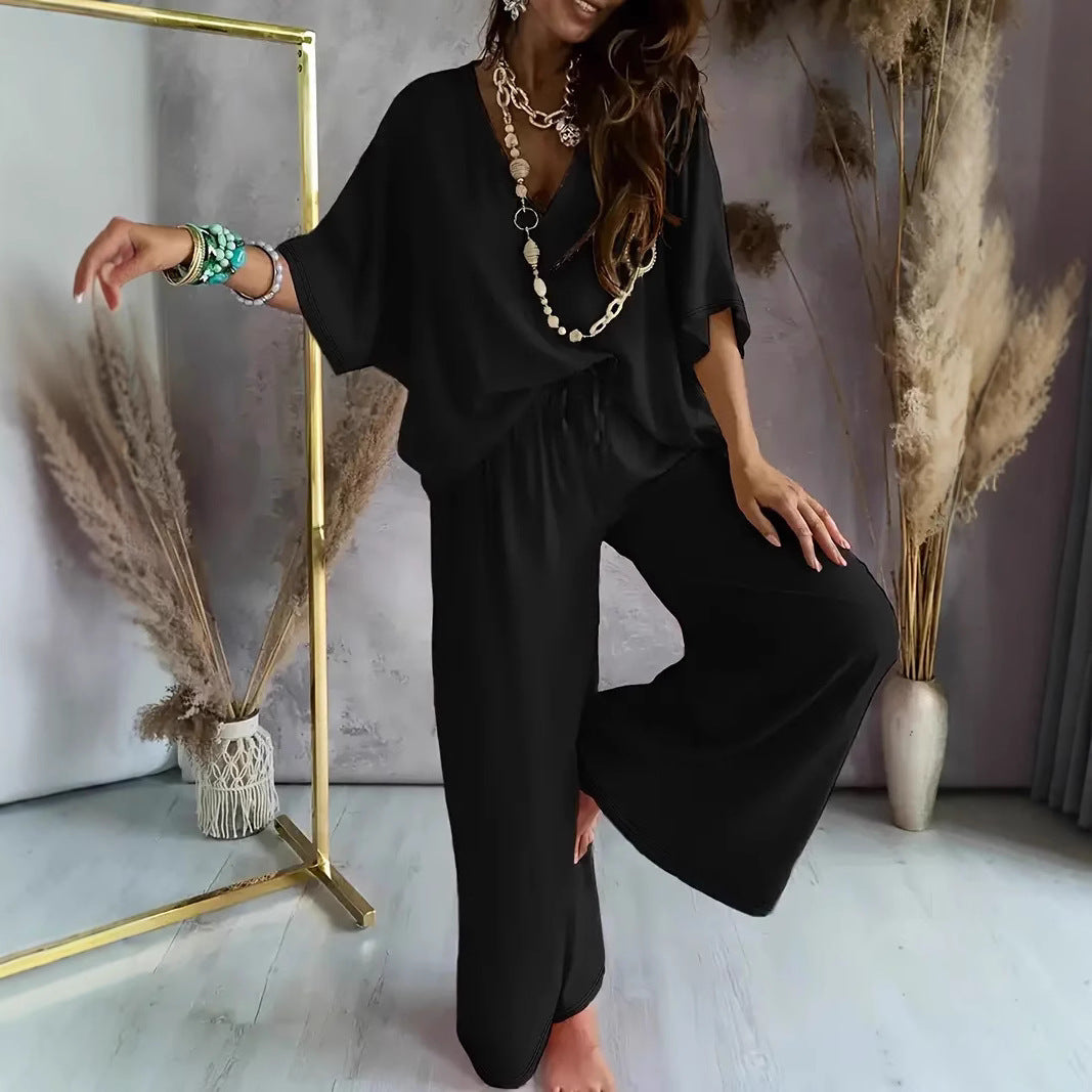 Women’s V-neck Top and Wide-Leg Trousers Set – Relaxed Fit – Soft Breathable Blend
