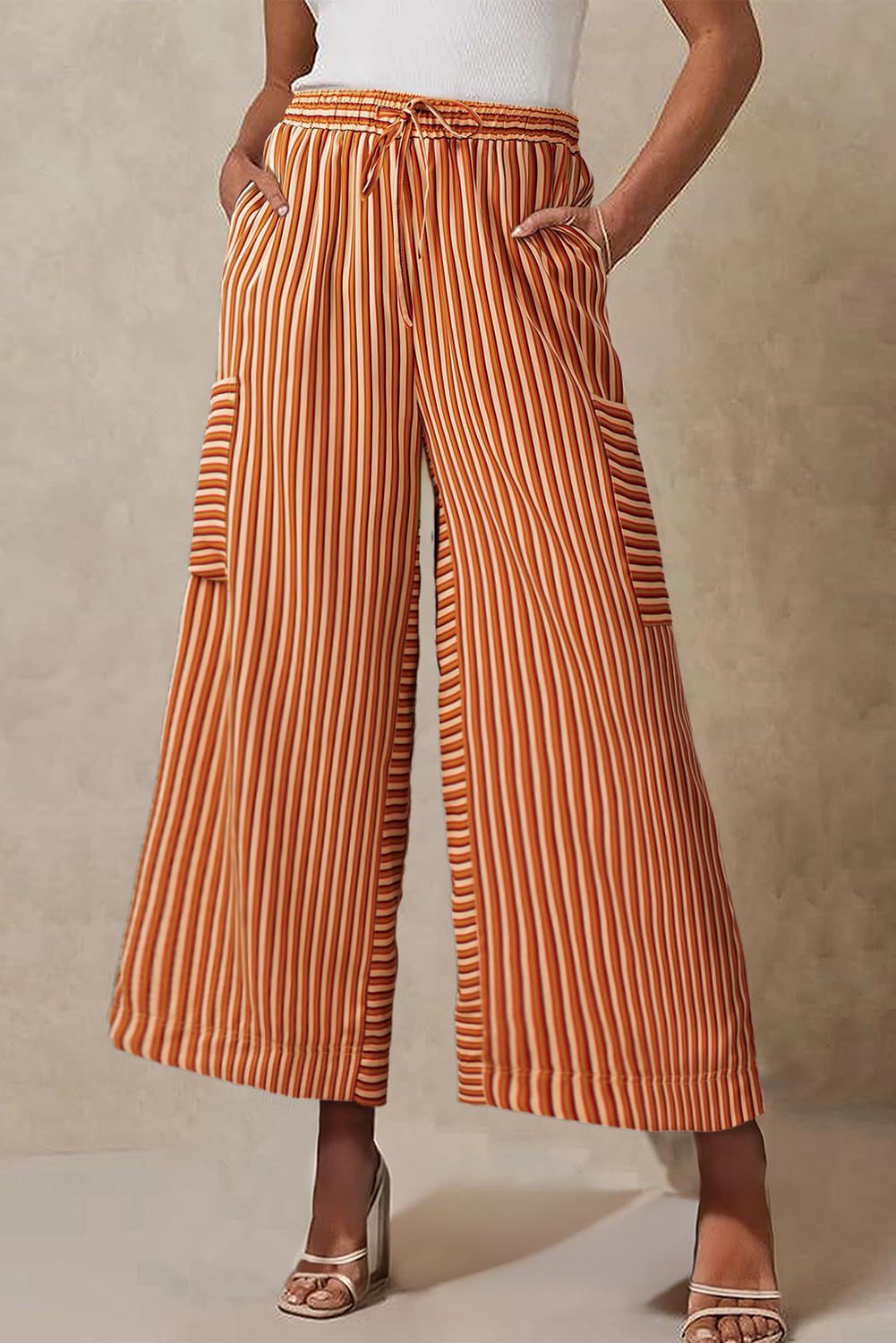 Women’s Wide-Leg Trousers – Relaxed Fit – Vertical Stripes – Breathable Blend – Drawstring Waist