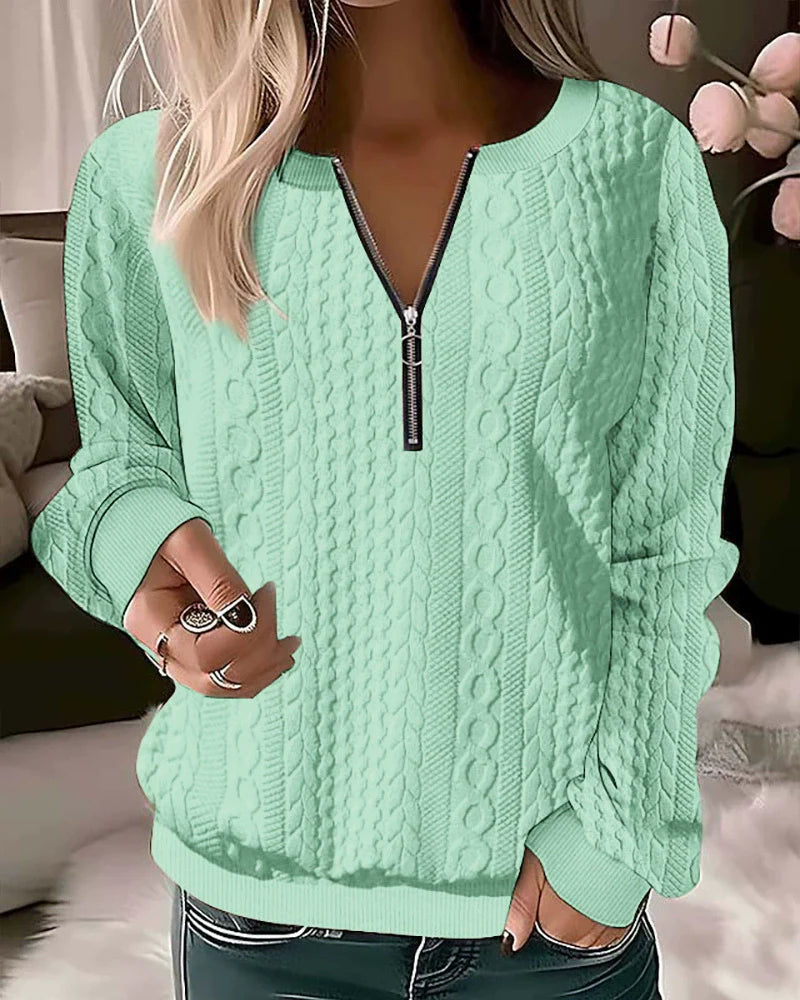 Women’s Zipper Sweatshirt – Cable Knit – Relaxed Fit – Ribbed Trim – Casual Wear