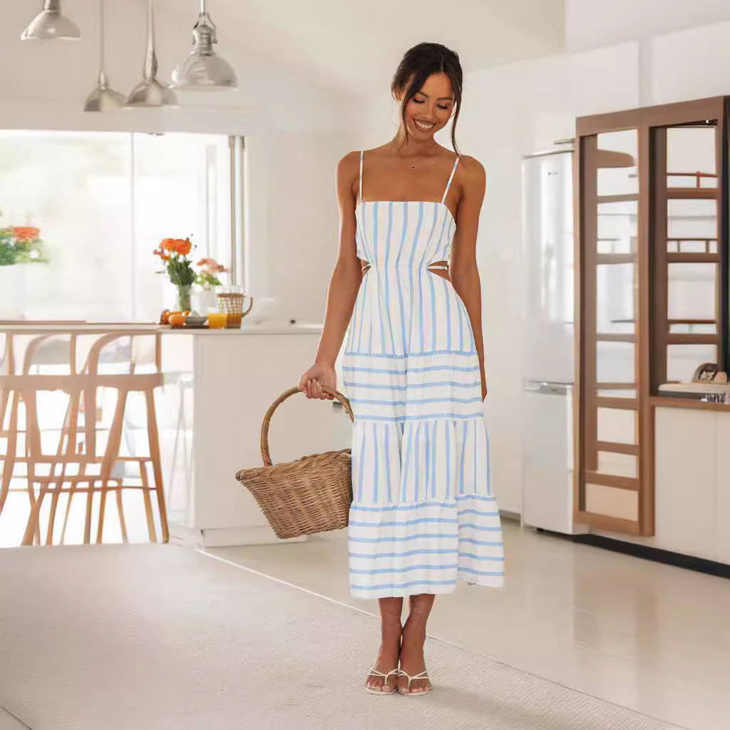 Women’s Midi Dress – A-Line Fit – Cotton Linen Blend – Spaghetti Straps – Cut-Out Waist