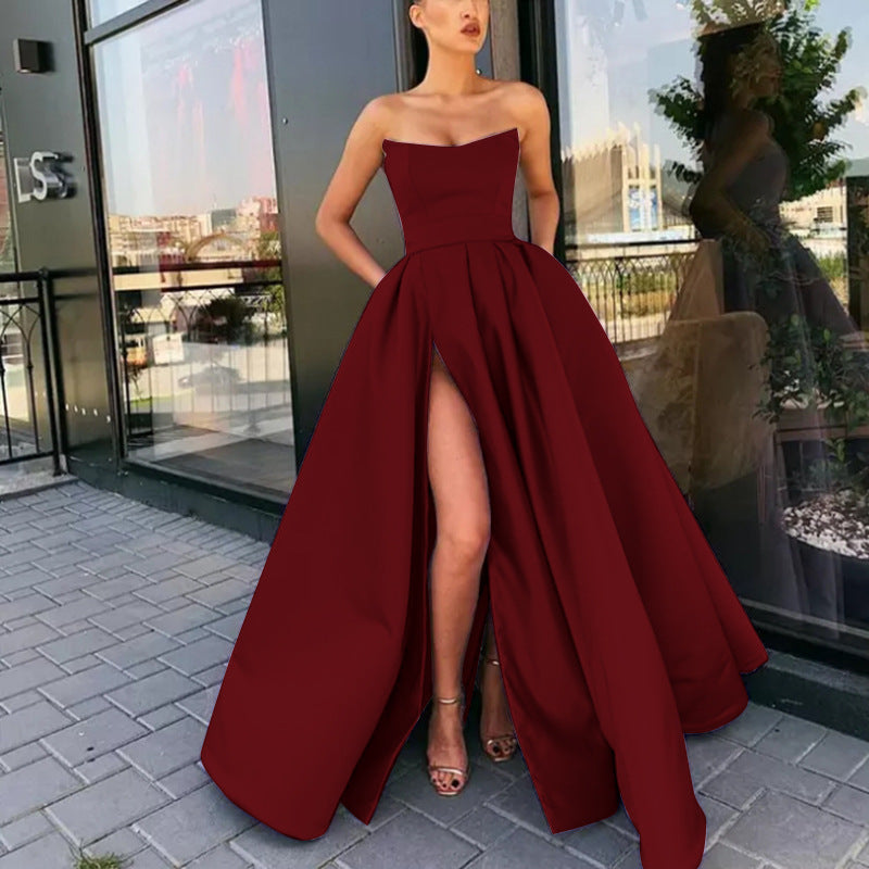 Women’s Evening Gown – Strapless Luxury Fabric – Fitted Bodice – Full Skirt with Slit
