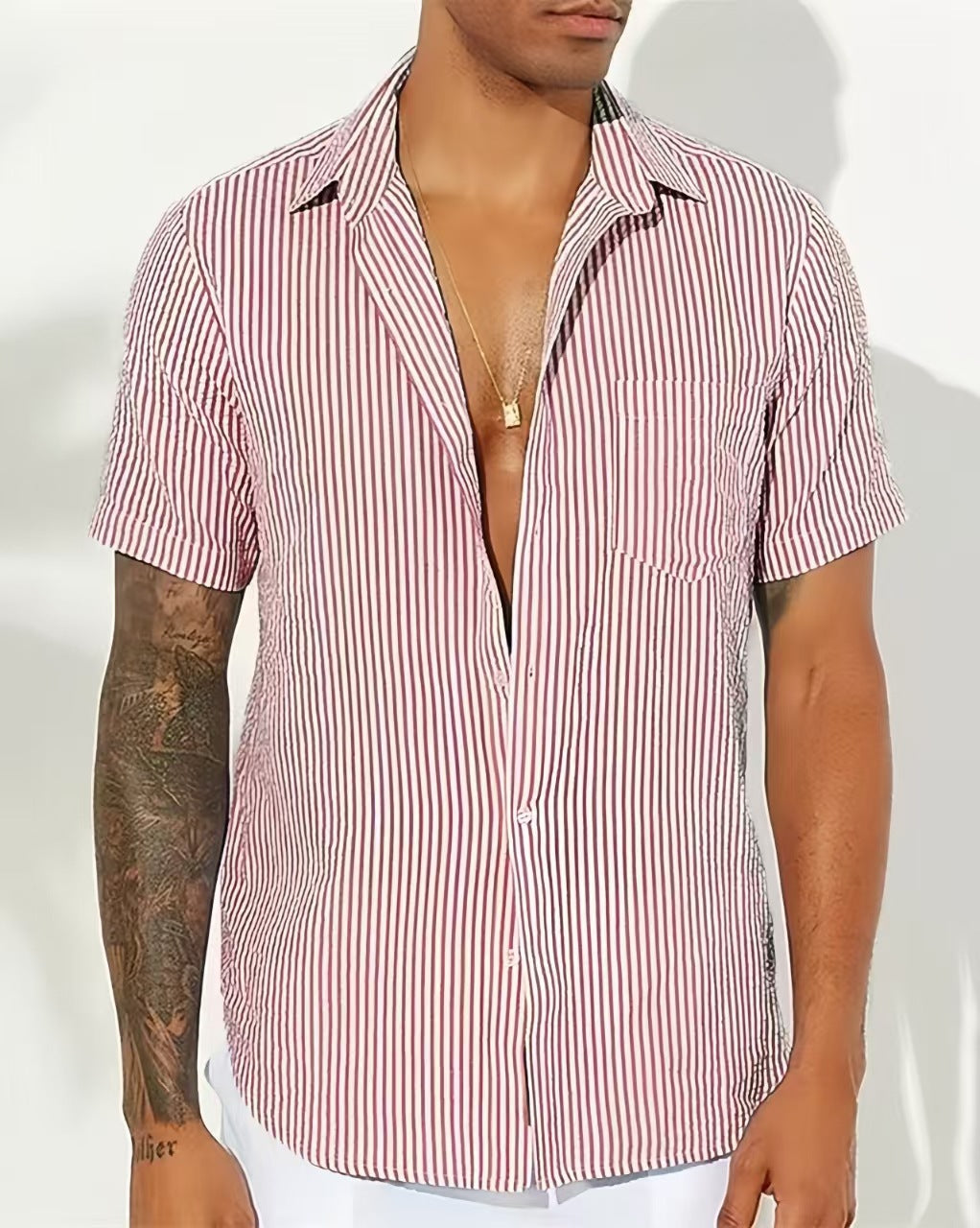 Men’s Casual Shirt – Relaxed Fit – Short Sleeve – Vertical Stripes