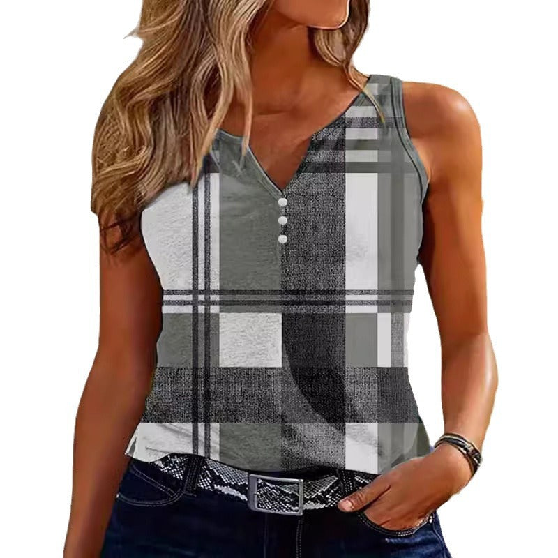 Women’s Tank Top – Fitted Silhouette – Breathable Blend – V-Neck – Plaid – Button Front