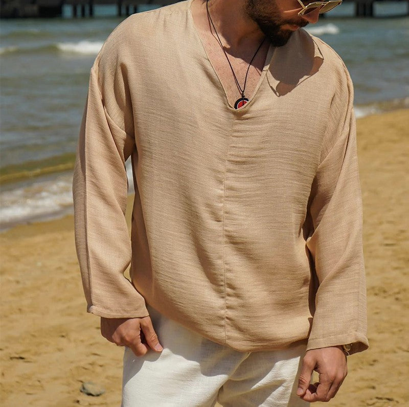 Men’s Linen Shirt – Relaxed Fit – V-Neck – Long Sleeve – Breathable Casual Wear