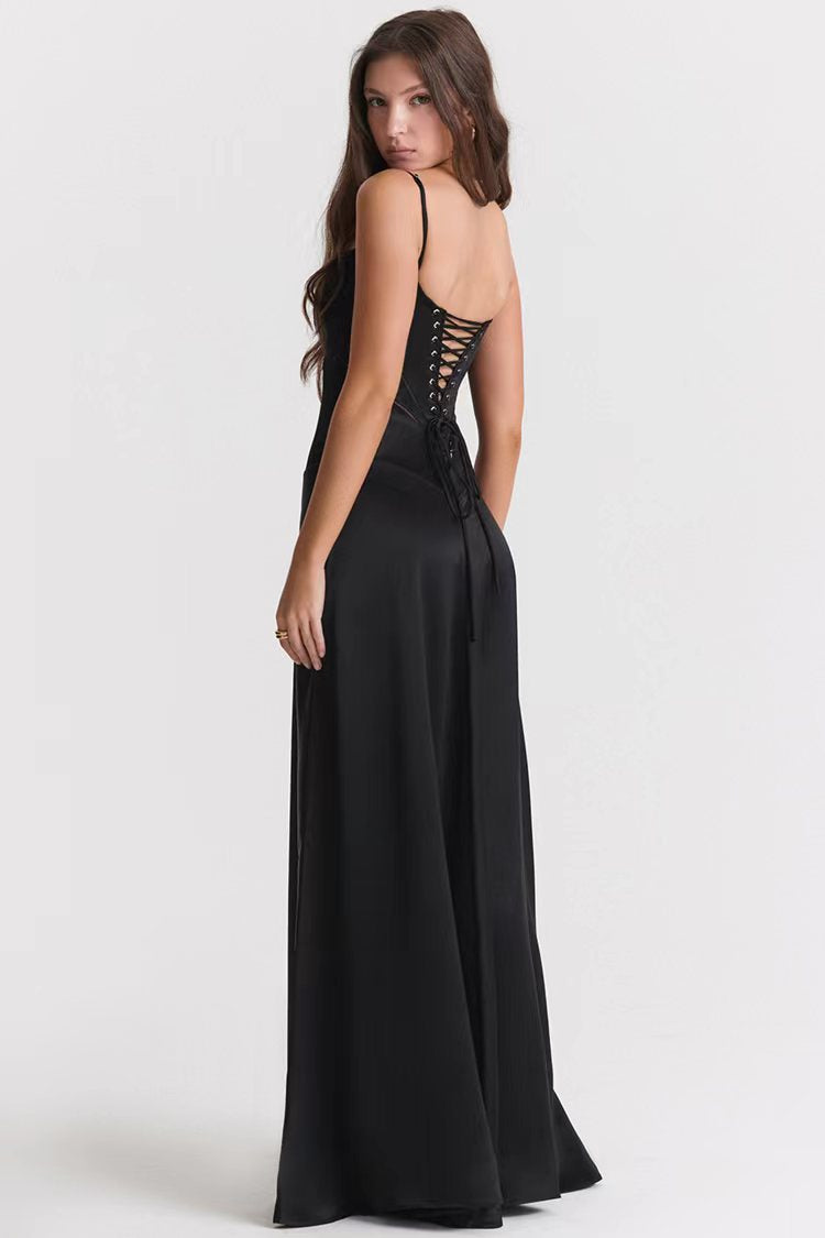 Women’s Evening Dress – Satin Finish – Slim Fit – Spaghetti Strap – Open Back Gown