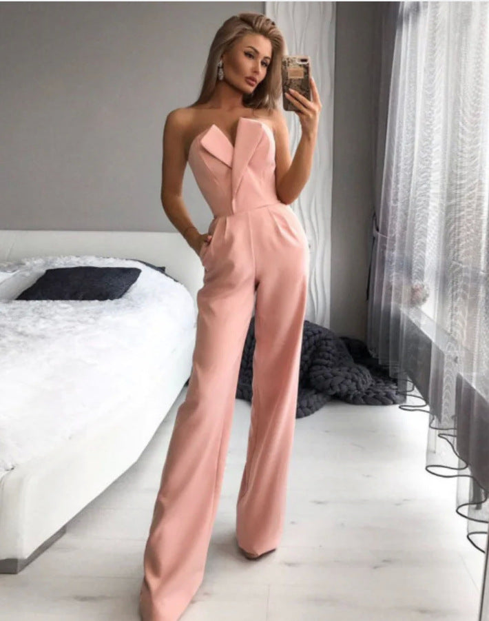 Women's Jumpsuit - Strapless Off-Shoulder - Wide-Leg Elegant Formal Wear - With Pockets