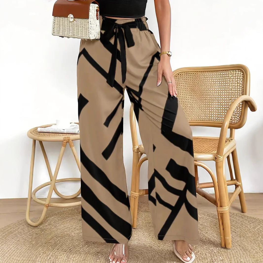 Women’s Wide-Leg Trousers – High Waist – Breathable Blend – Graphic Print – Belted Fit