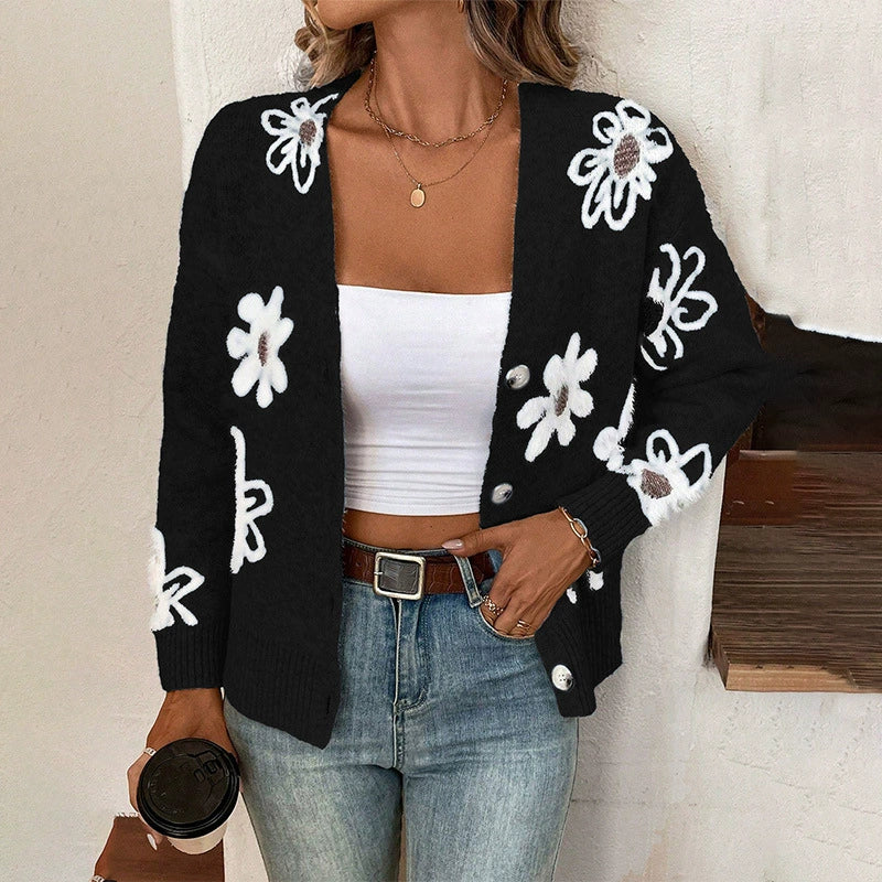 Women’s Cardigan – Wool Knit – Floral Jacquard – Button Front – Casual Fit – Ribbed Trim