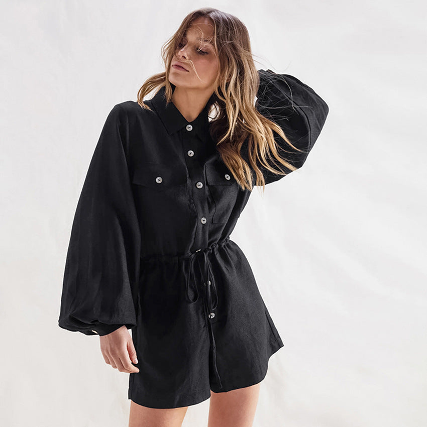 Women’s Utility Romper – Cotton Linen – Relaxed Fit – Button Front – Drawstring Waist