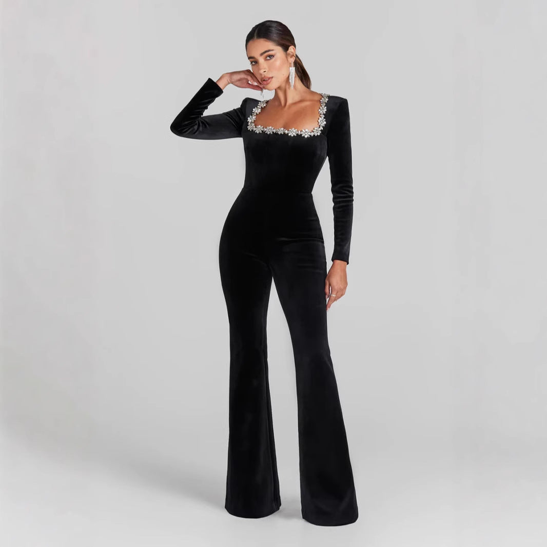 Women’s Jumpsuit – Velvet Fabric – Slim Fit – Flared Leg – Embellished Neckline – Long Sleeve