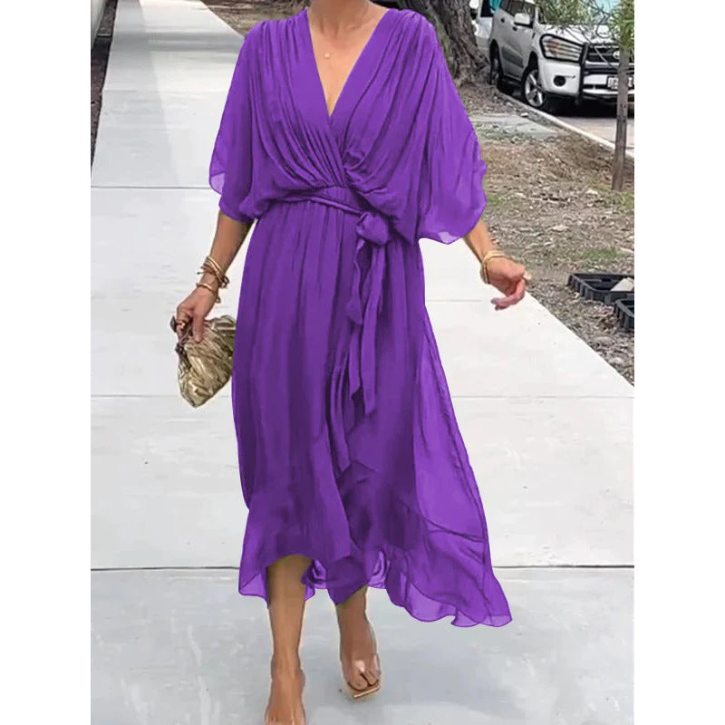Women’s Maxi Dress – Relaxed Fit – Batwing Sleeves – Tie Waist – Asymmetrical Hem