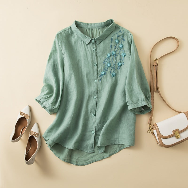 Women’s Button-Up Shirt – Relaxed Fit – Mid Sleeve – Embroidered – Breathable Blend