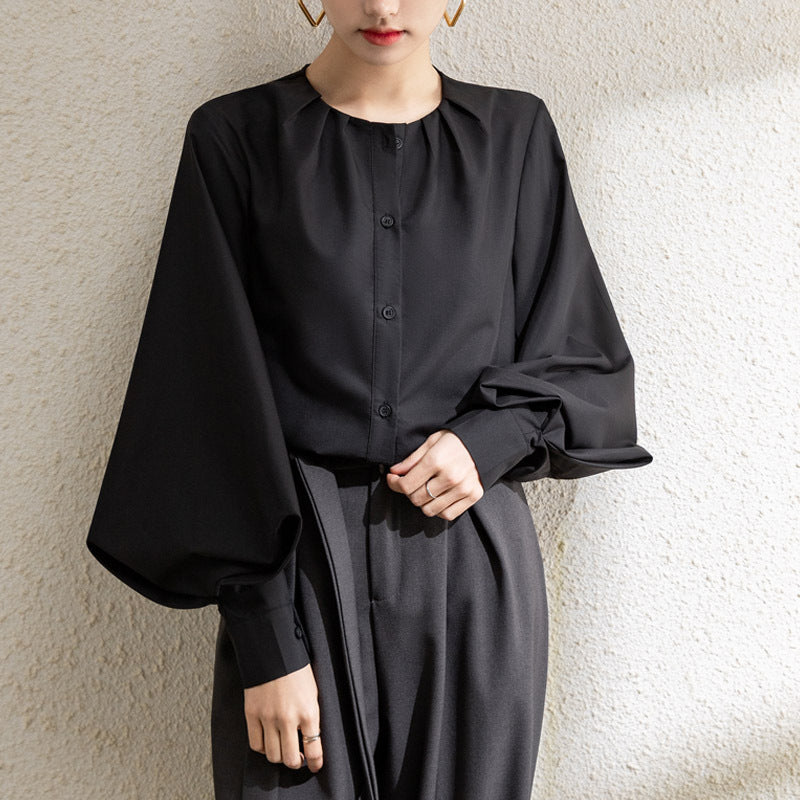 Women’s Blouse – Loose Fit – Lantern Sleeve – Round Neck – Button Front – Elegant Style