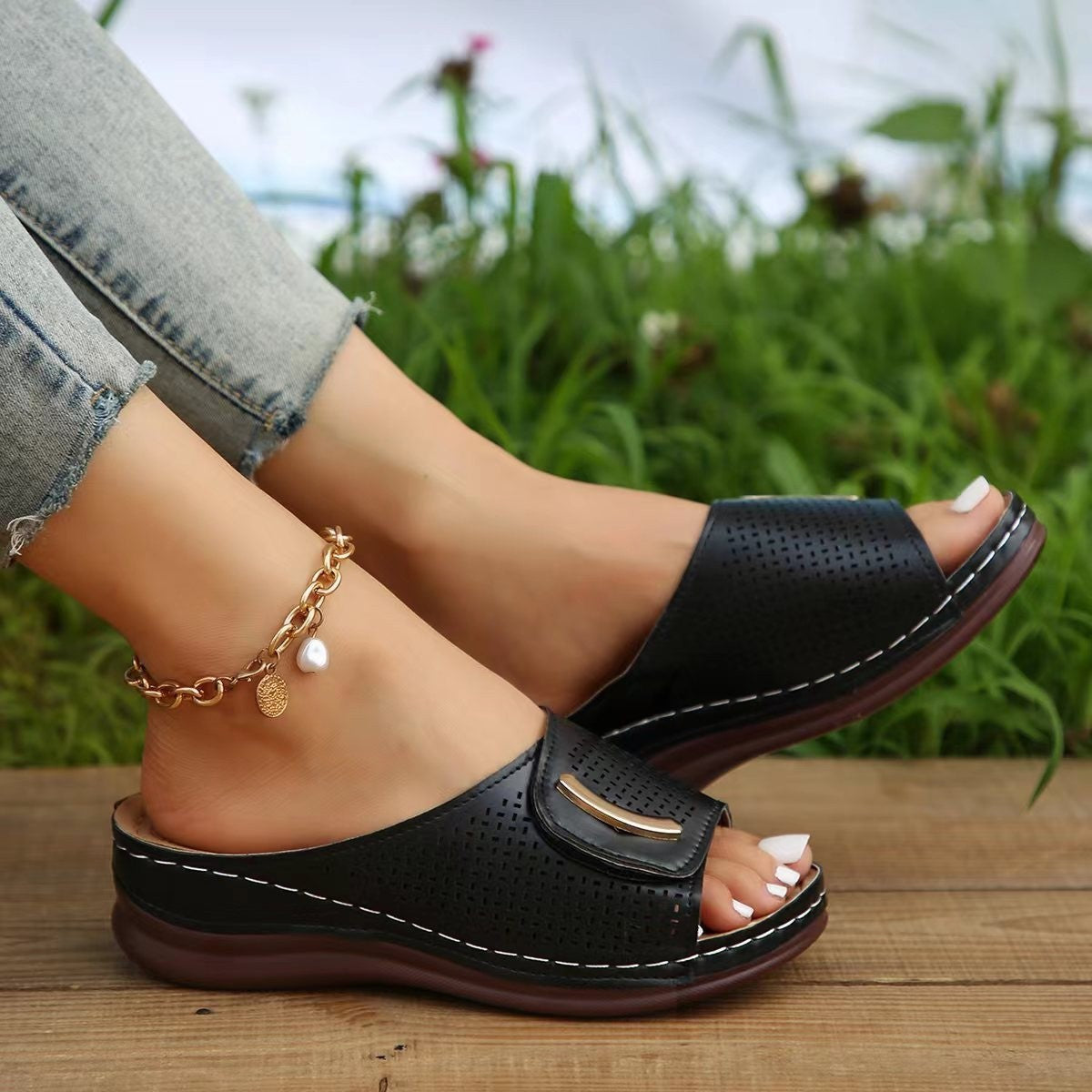 Women’s Wedge Sandals – Faux Leather – Wide Perforated Strap – Slip-On Comfort