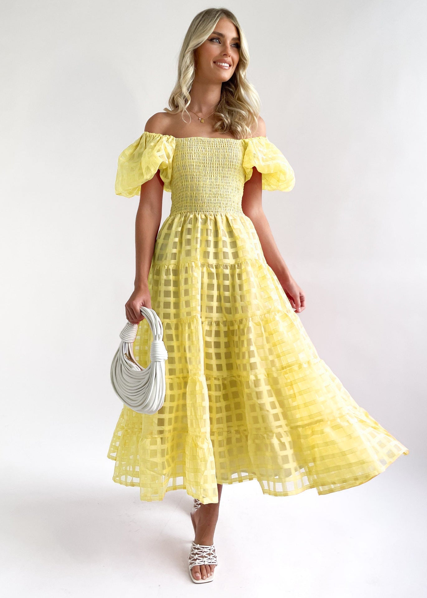 Women’s Maxi Dress – Off-Shoulder – Puff Sleeves – Smocked Waist – Tiered Skirt – Breathable Blend