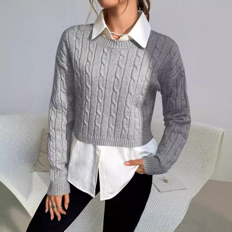 Women’s Pullover Sweater – Cable Knit Wool Blend – Cropped Slim Fit – Long Sleeve Casual
