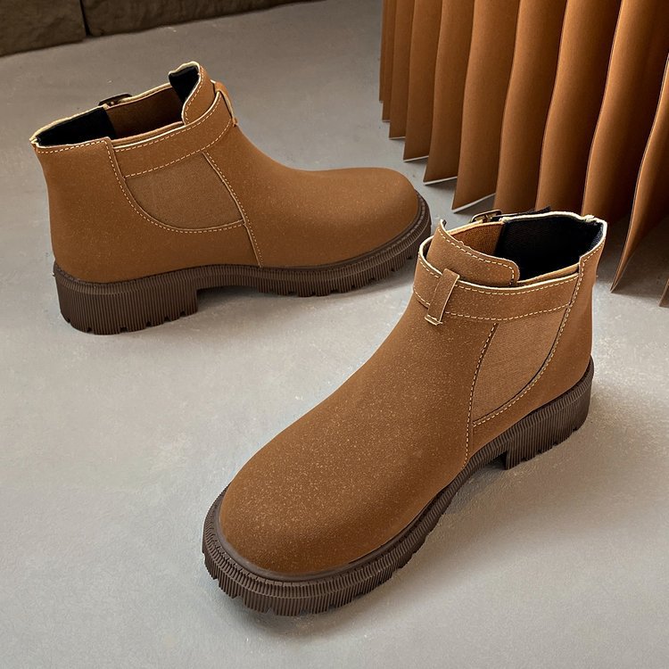 Women’s Ankle Boots – Faux Leather – Chunky Sole – Round Toe – Retro Buckle Detail